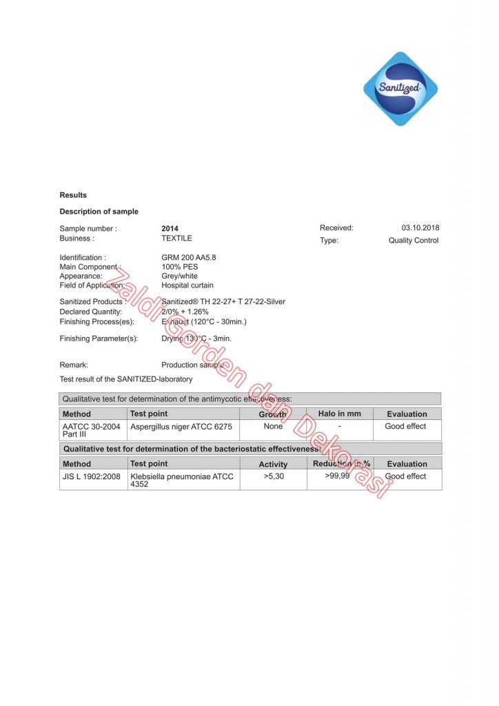 Sertifikat Uji Laboratorium Gorden Anti Bakteri bahan PVC bolak balik