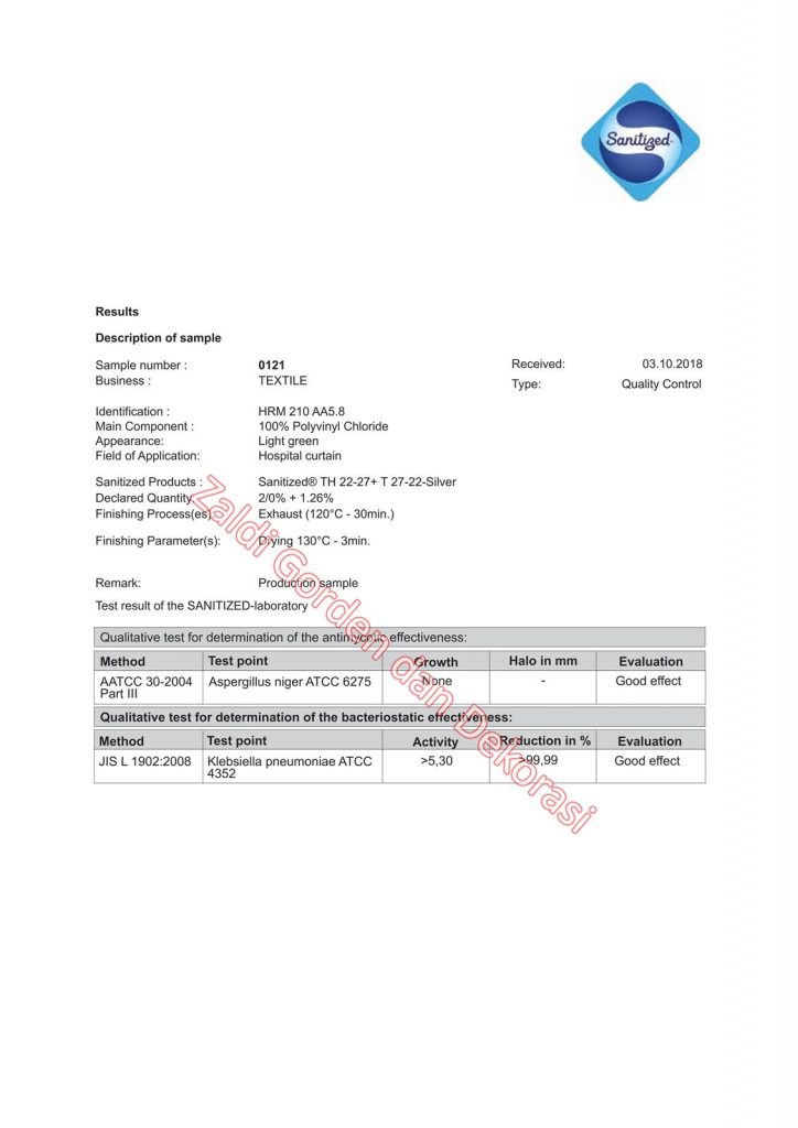 Sertifikat Uji Laboratorium Gorden Anti Bakteri bahan polyester